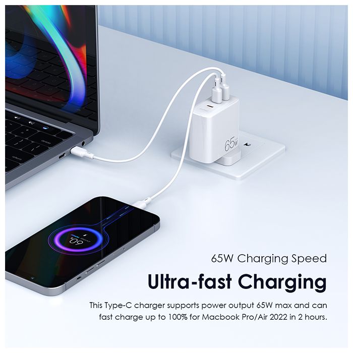 oraimo PowerGaN 65 65W Ultra Speed Triple Port Charger Kit with Type-C to Type-C
