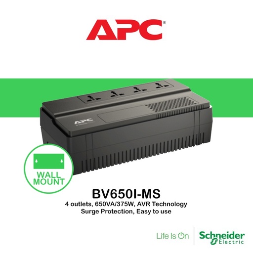 APC Easy UPS, 650VA, Floor/Wall Mount, 230V, 4x Universal outlets, AVR – BV650I-MS